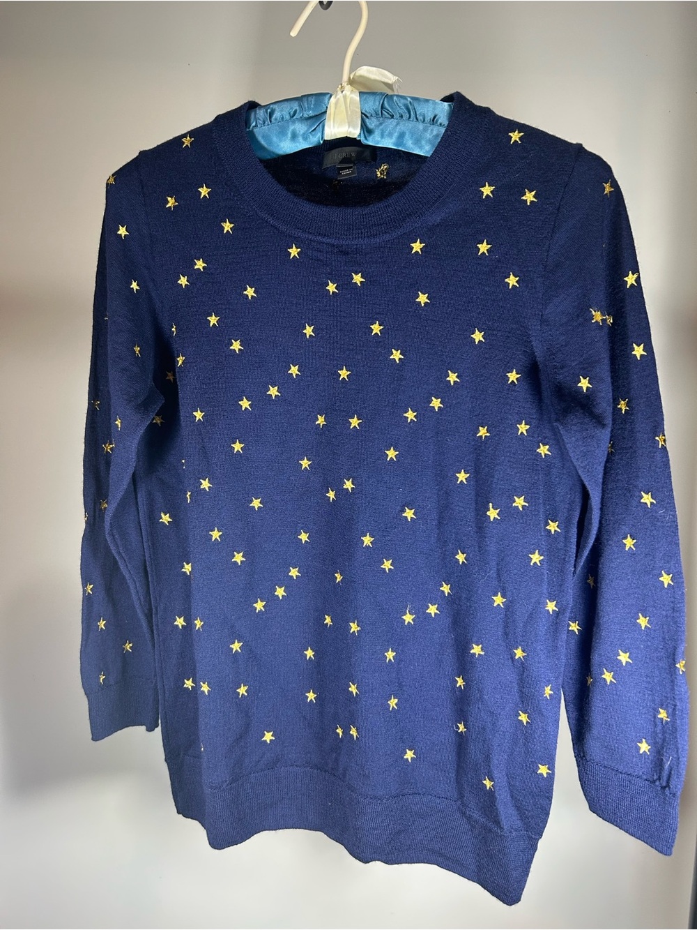 J Crew Tippi 100% Merino Wool Sweater Navy with Gold Embroidered Stars Size M